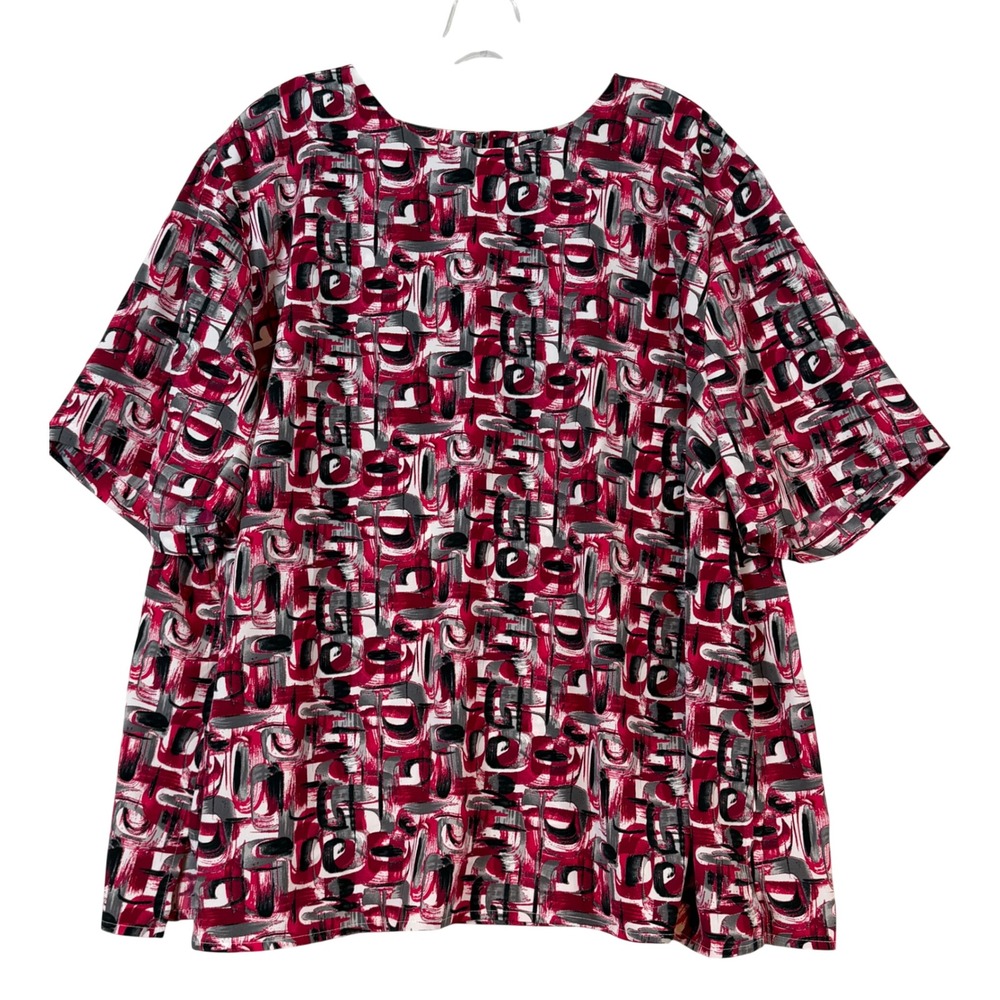 Maggie Barnes 2X Red Black White Abstract Brushstroke Short Sleeve Blouse Top